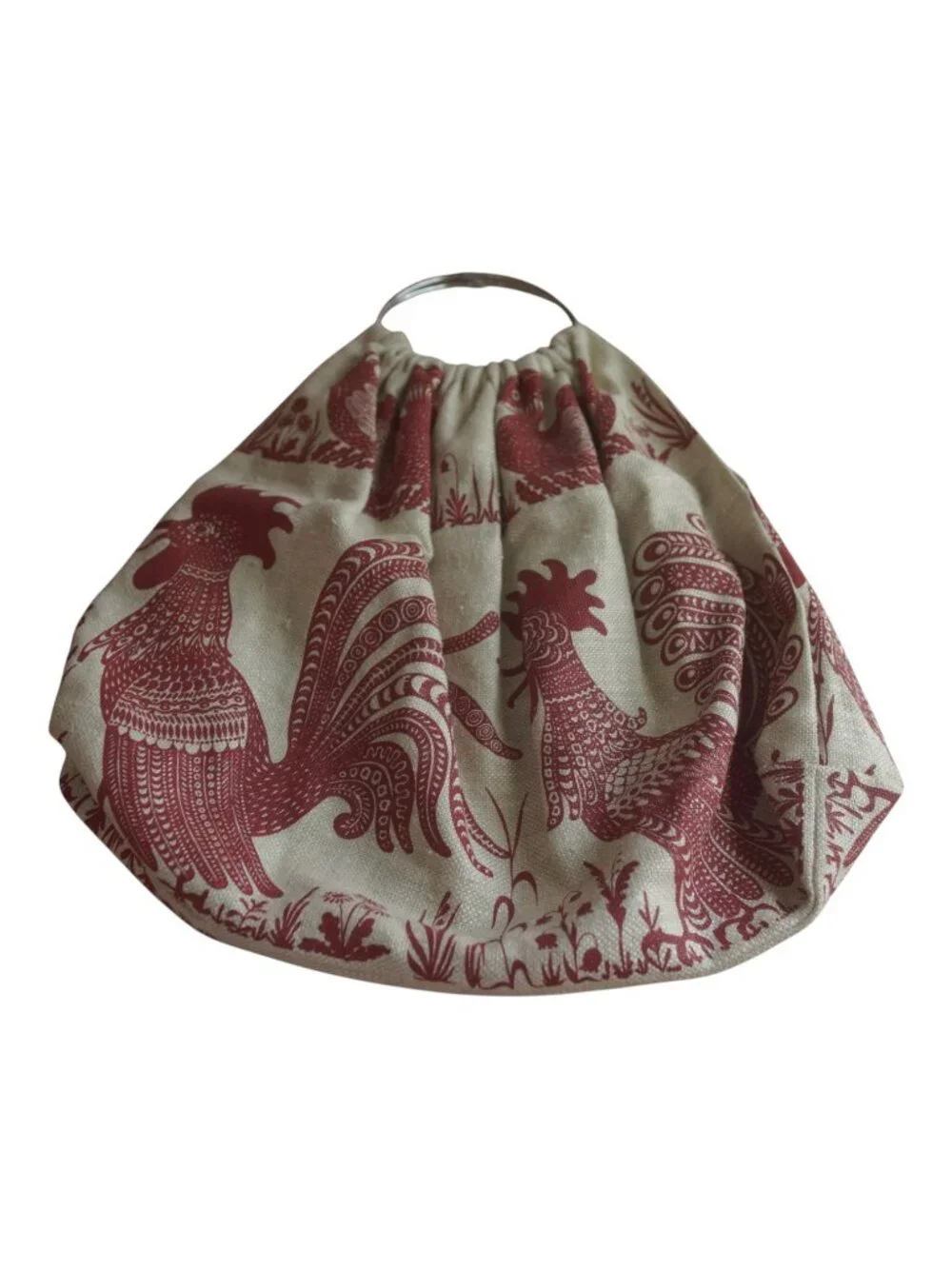 Vintage Rooster Bird Tapestry Ring Handle Bag Removable Cream Red Large